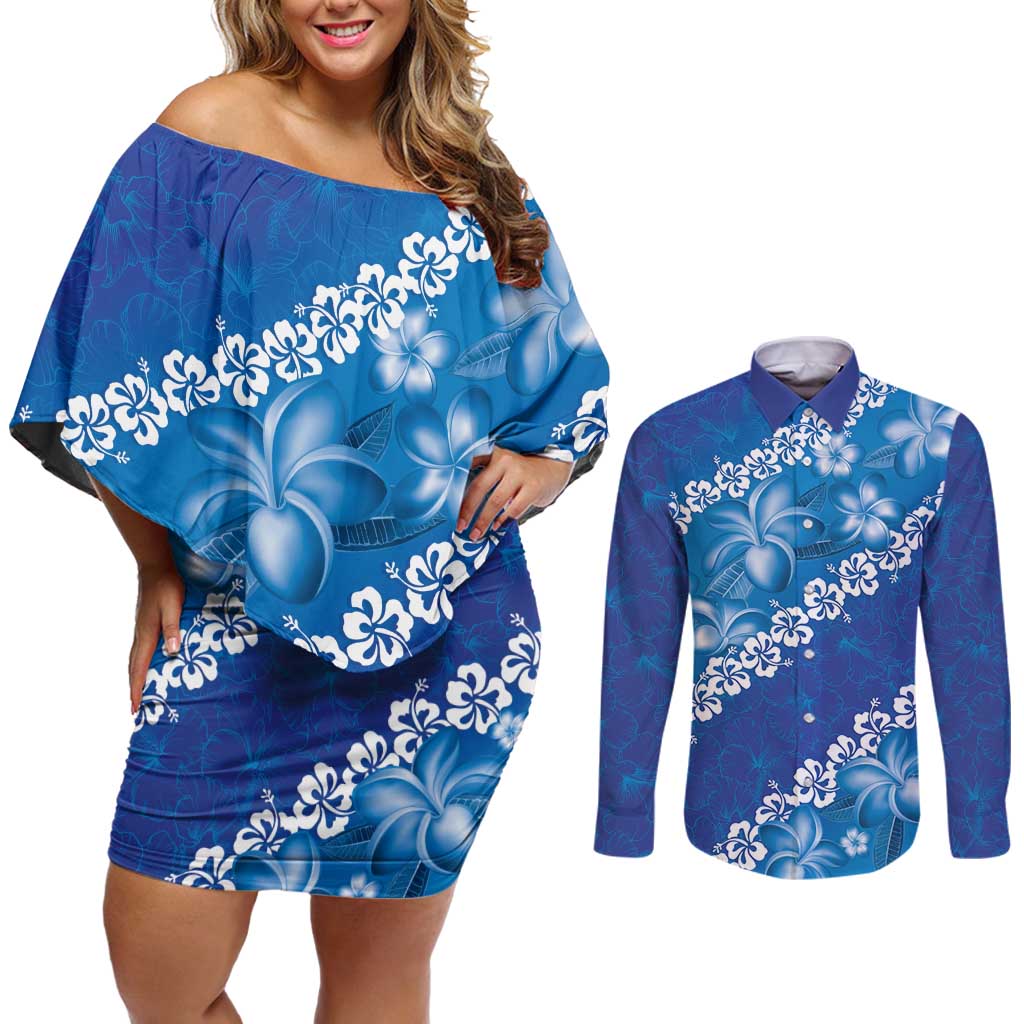 Vintage Blue Polynesia Couples Matching Off Shoulder Short Dress and Long Sleeve Button Shirt Plumeria With Hibiscus Tropical Vibes LT14 Blue - Polynesian Pride