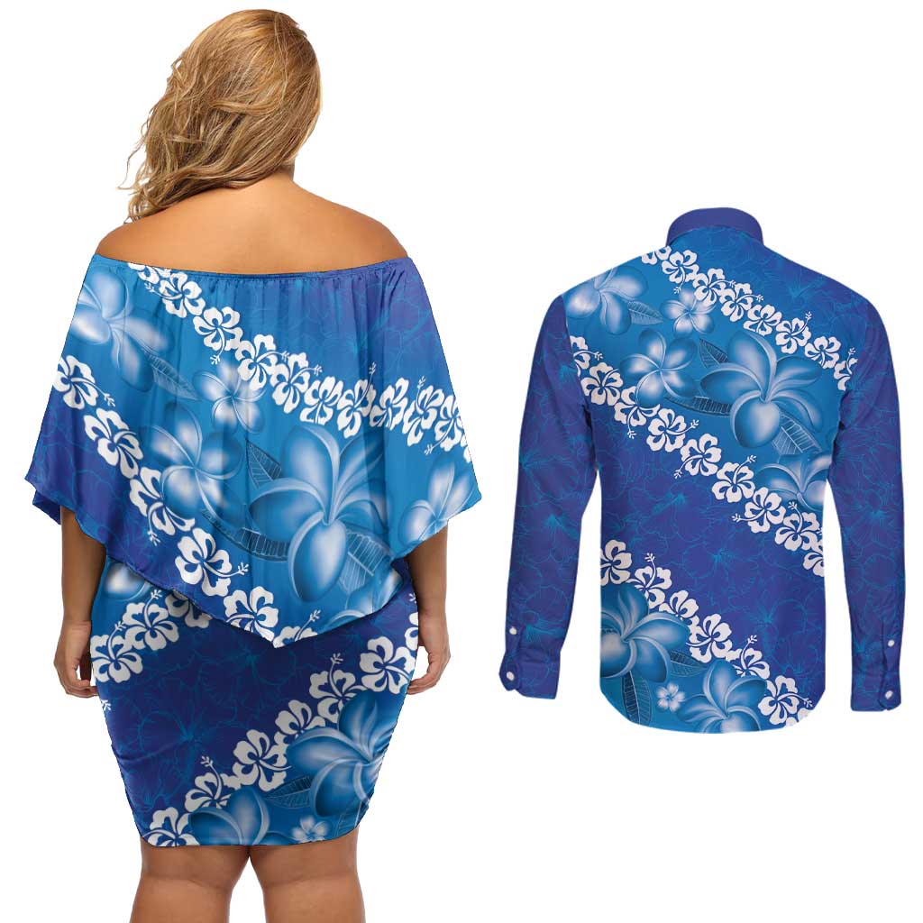 Vintage Blue Polynesia Couples Matching Off Shoulder Short Dress and Long Sleeve Button Shirt Plumeria With Hibiscus Tropical Vibes LT14 - Polynesian Pride
