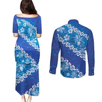 Vintage Blue Polynesia Couples Matching Puletasi and Long Sleeve Button Shirt Plumeria With Hibiscus Tropical Vibes LT14 - Polynesian Pride