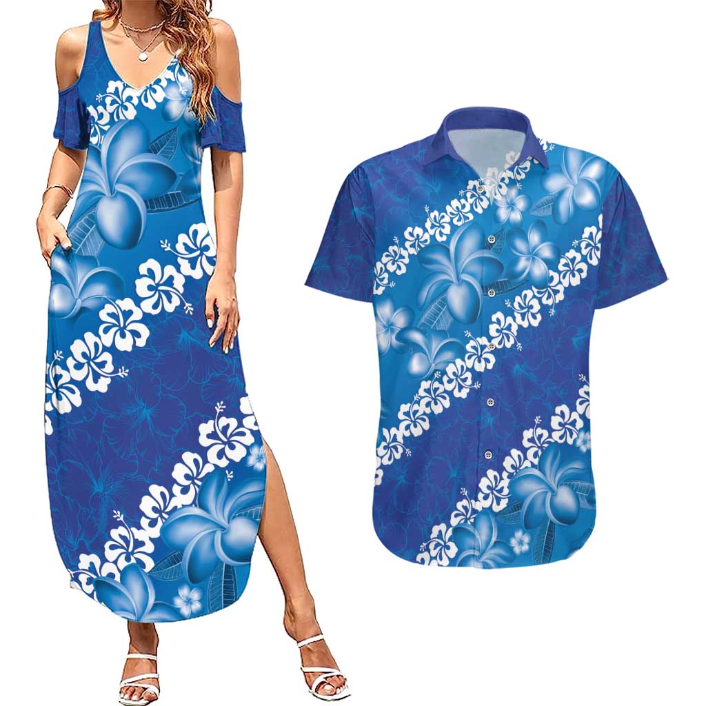 Vintage Blue Polynesia Couples Matching Summer Maxi Dress and Hawaiian Shirt Plumeria With Hibiscus Tropical Vibes