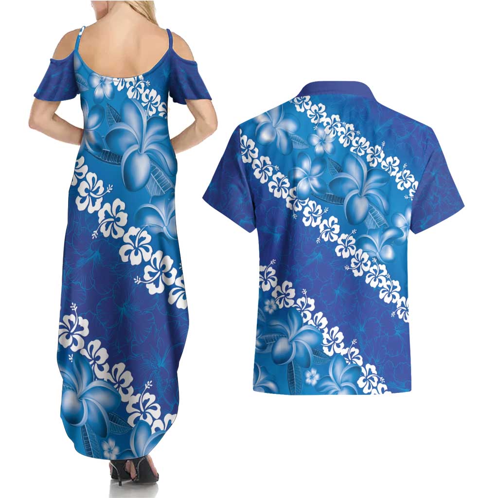 Vintage Blue Polynesia Couples Matching Summer Maxi Dress and Hawaiian Shirt Plumeria With Hibiscus Tropical Vibes
