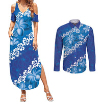 Vintage Blue Polynesia Couples Matching Summer Maxi Dress and Long Sleeve Button Shirt Plumeria With Hibiscus Tropical Vibes LT14 Blue - Polynesian Pride