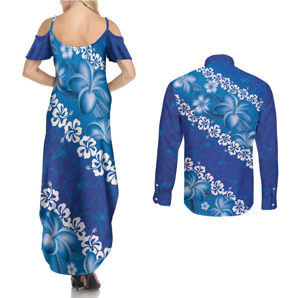 Vintage Blue Polynesia Couples Matching Summer Maxi Dress and Long Sleeve Button Shirt Plumeria With Hibiscus Tropical Vibes LT14 - Polynesian Pride