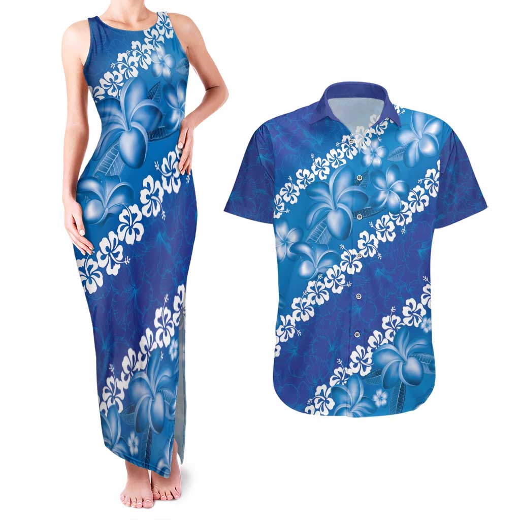 Vintage Blue Polynesia Couples Matching Tank Maxi Dress and Hawaiian Shirt Plumeria With Hibiscus Tropical Vibes