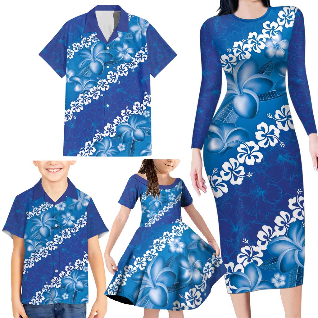 Vintage Blue Polynesia Family Matching Long Sleeve Bodycon Dress and Hawaiian Shirt Plumeria With Hibiscus Tropical Vibes