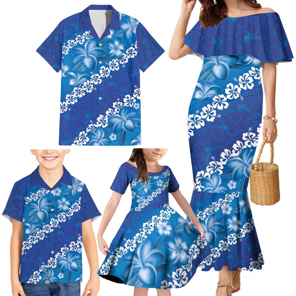 Vintage Blue Polynesia Family Matching Mermaid Dress and Hawaiian Shirt Plumeria With Hibiscus Tropical Vibes