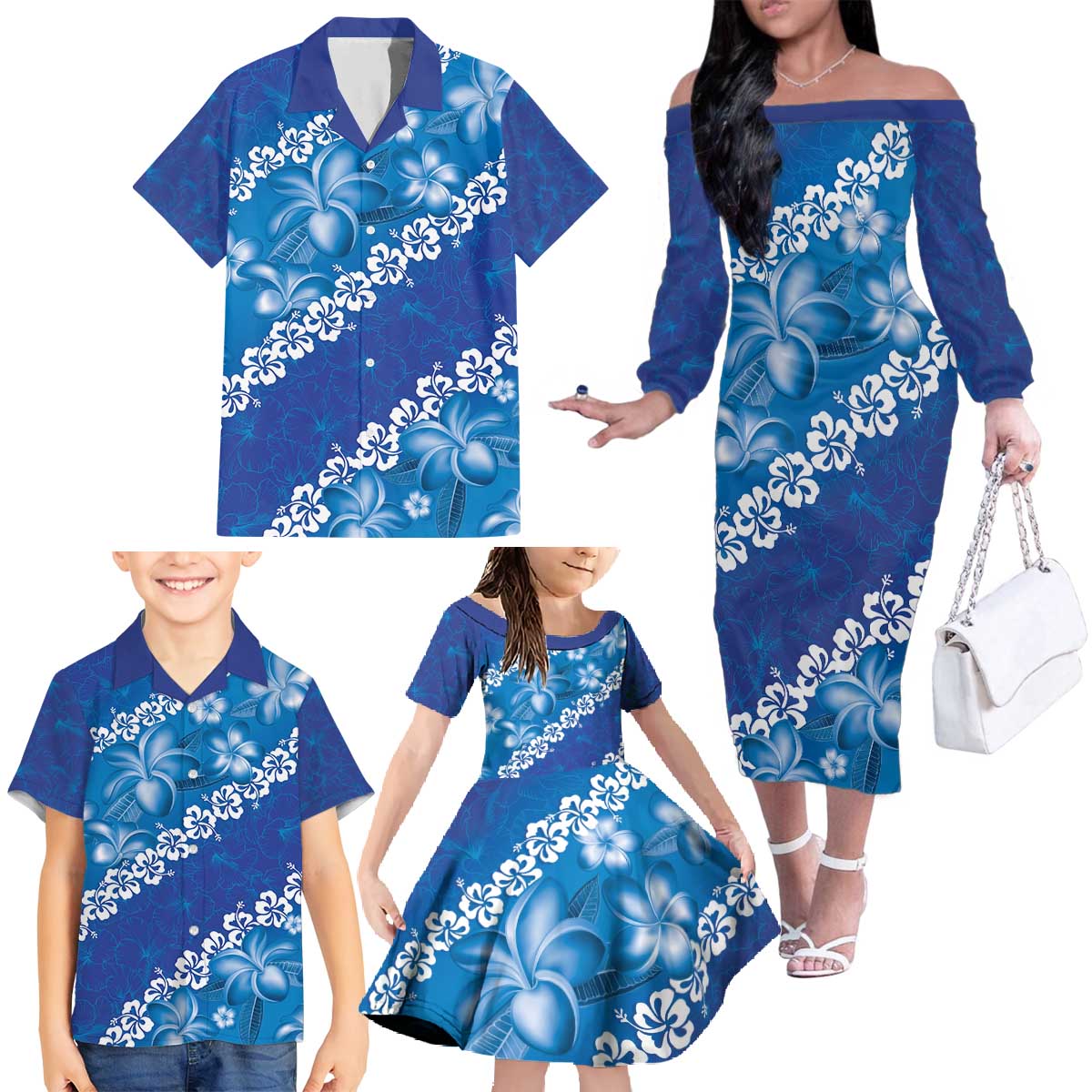 Vintage Blue Polynesia Family Matching Off The Shoulder Long Sleeve Dress and Hawaiian Shirt Plumeria With Hibiscus Tropical Vibes