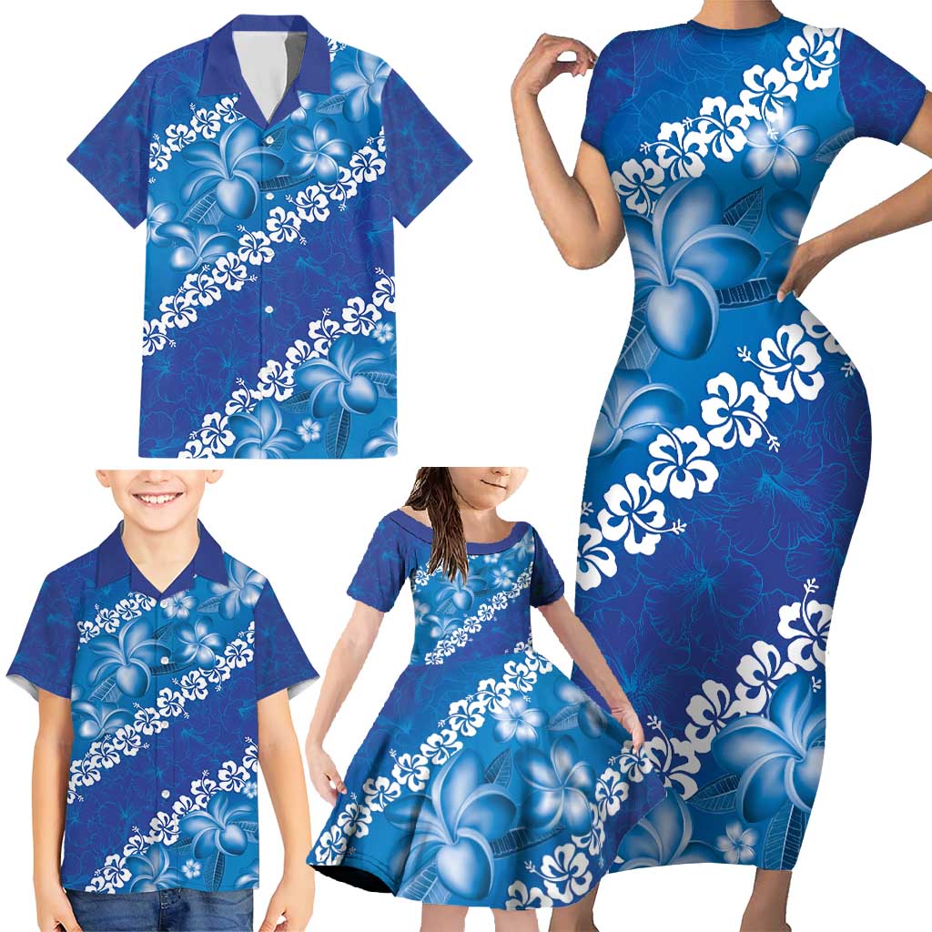 Vintage Blue Polynesia Family Matching Short Sleeve Bodycon Dress and Hawaiian Shirt Plumeria With Hibiscus Tropical Vibes