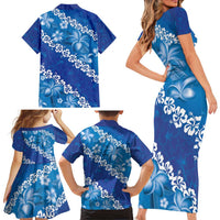 Vintage Blue Polynesia Family Matching Short Sleeve Bodycon Dress and Hawaiian Shirt Plumeria With Hibiscus Tropical Vibes