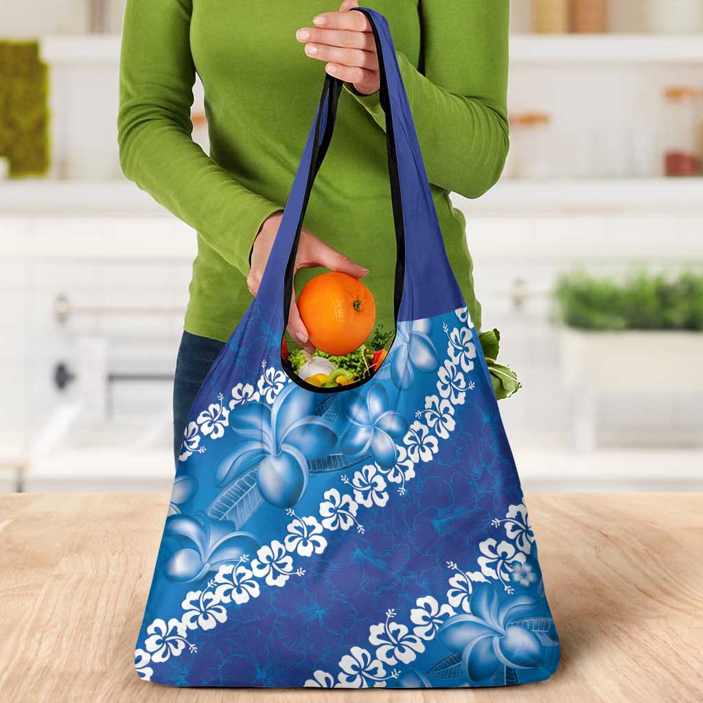 Vintage Blue Polynesia Grocery Bag Plumeria With Hibiscus Tropical Vibes LT14 - Polynesian Pride