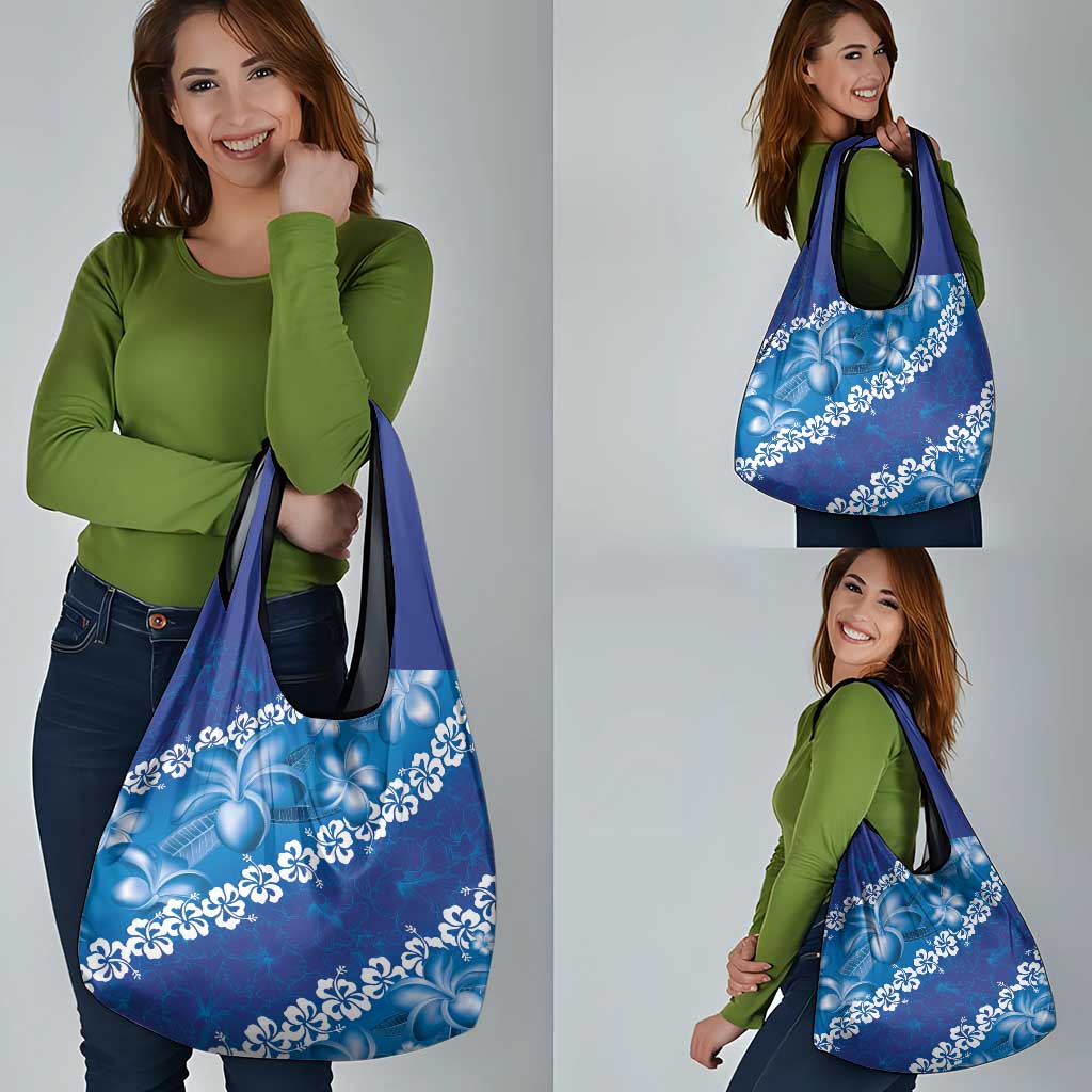 Vintage Blue Polynesia Grocery Bag Plumeria With Hibiscus Tropical Vibes LT14 - Polynesian Pride