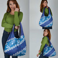 Vintage Blue Polynesia Grocery Bag Plumeria With Hibiscus Tropical Vibes LT14 - Polynesian Pride