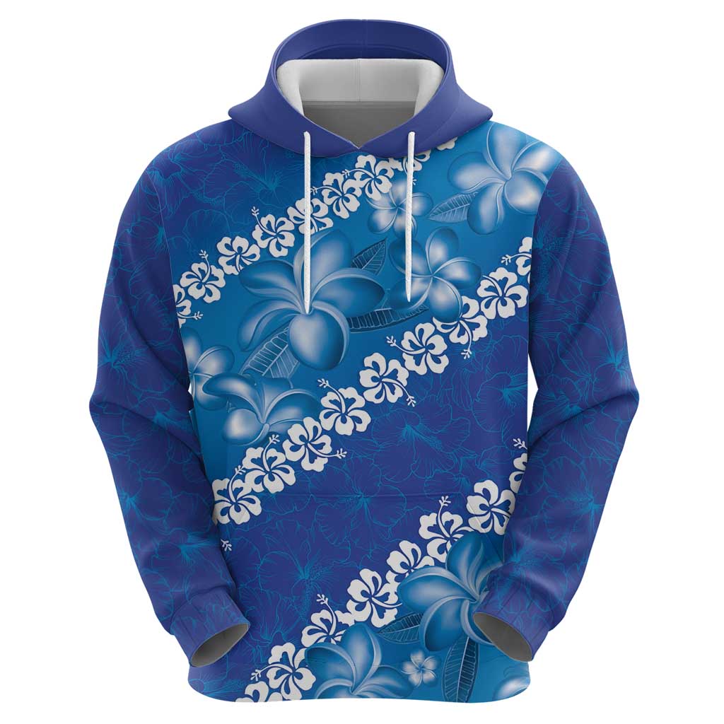 Vintage Blue Polynesia Hoodie Plumeria With Hibiscus Tropical Vibes