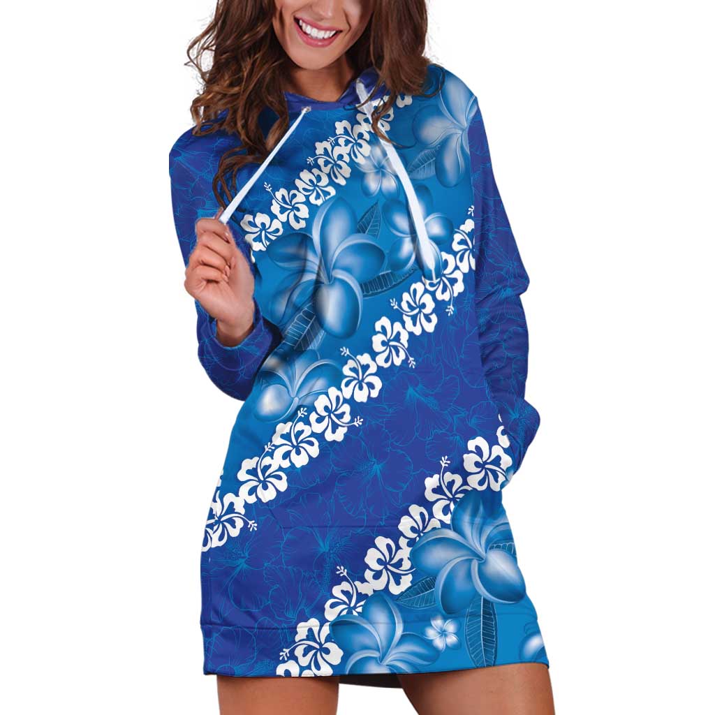 Vintage Blue Polynesia Hoodie Dress Plumeria With Hibiscus Tropical Vibes LT14 Blue - Polynesian Pride