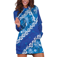 Vintage Blue Polynesia Hoodie Dress Plumeria With Hibiscus Tropical Vibes LT14 Blue - Polynesian Pride
