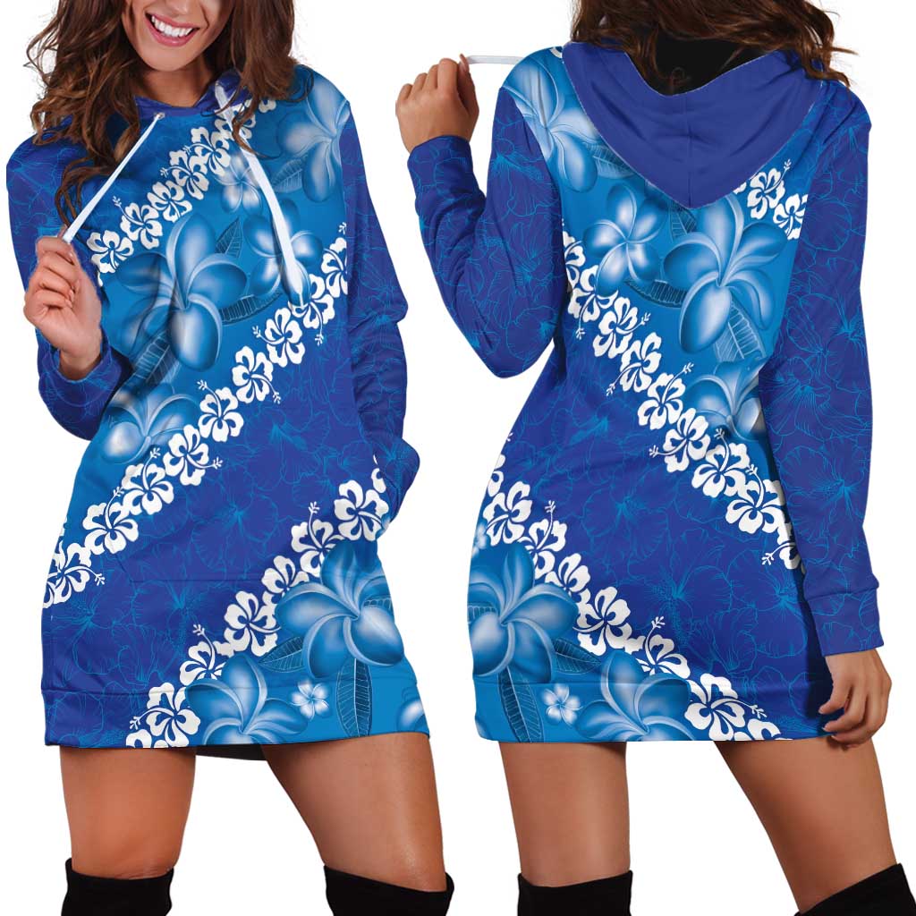 Vintage Blue Polynesia Hoodie Dress Plumeria With Hibiscus Tropical Vibes LT14 - Polynesian Pride