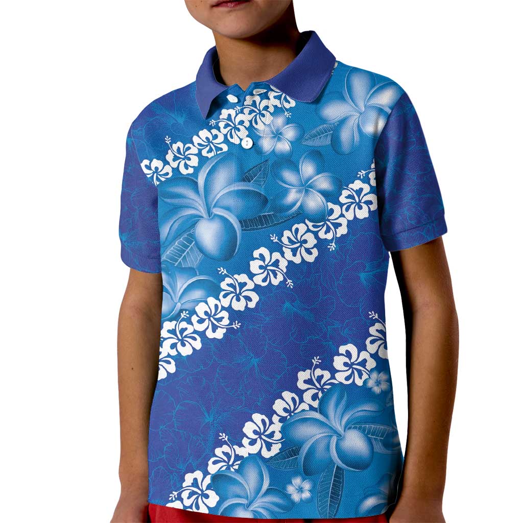 Vintage Blue Polynesia Kid Polo Shirt Plumeria With Hibiscus Tropical Vibes