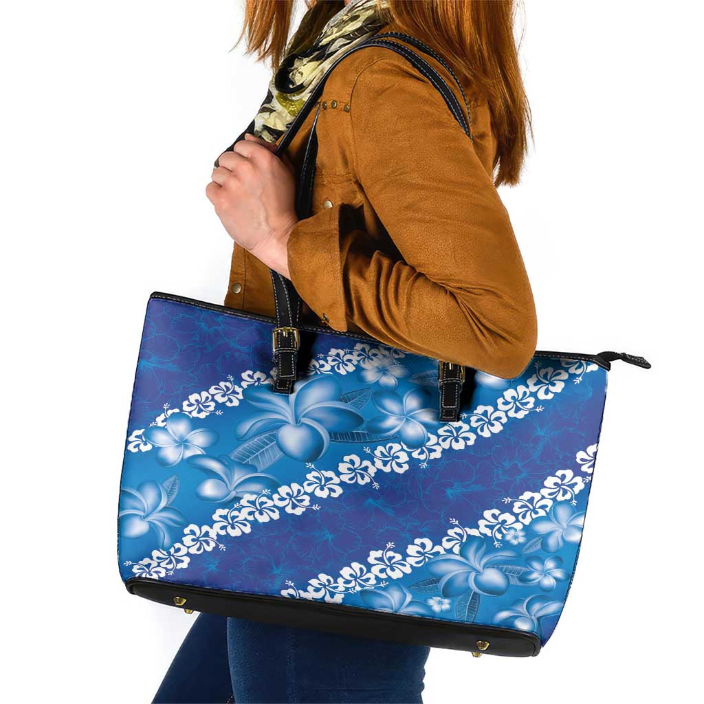 Vintage Blue Polynesia Leather Tote Bag Plumeria With Hibiscus Tropical Vibes LT14 Blue - Polynesian Pride