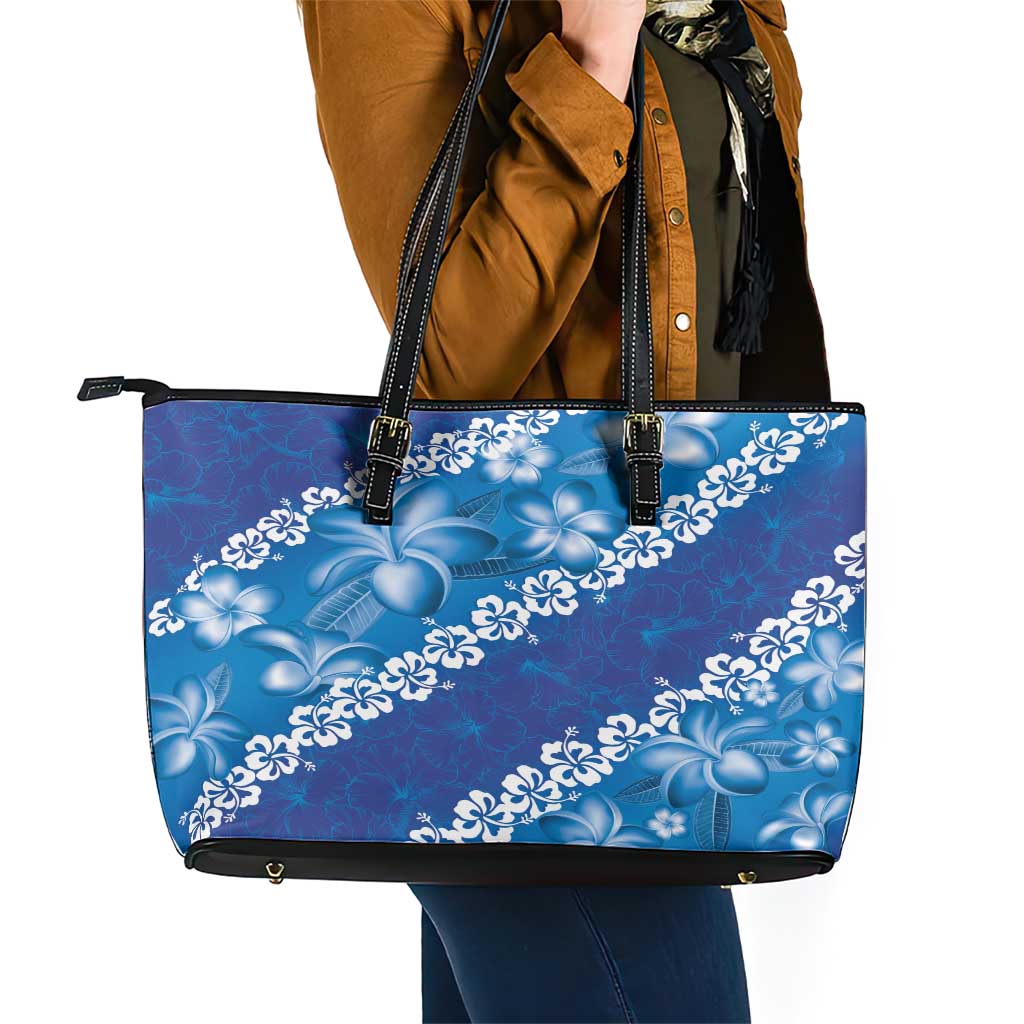 Vintage Blue Polynesia Leather Tote Bag Plumeria With Hibiscus Tropical Vibes LT14 - Polynesian Pride
