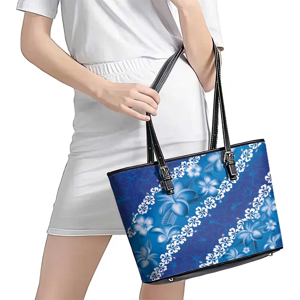 Vintage Blue Polynesia Leather Tote Bag Plumeria With Hibiscus Tropical Vibes LT14 - Polynesian Pride