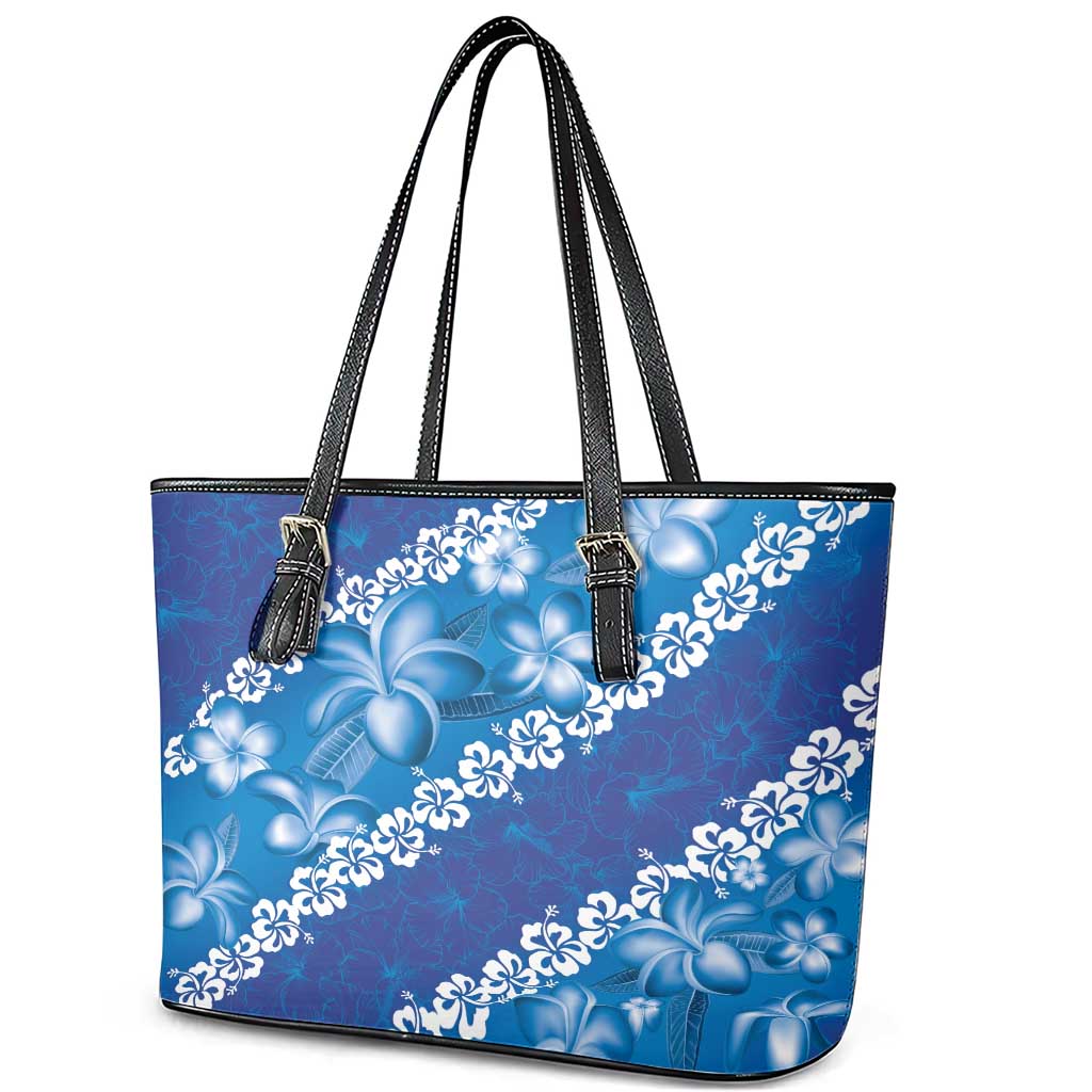 Vintage Blue Polynesia Leather Tote Bag Plumeria With Hibiscus Tropical Vibes LT14 - Polynesian Pride