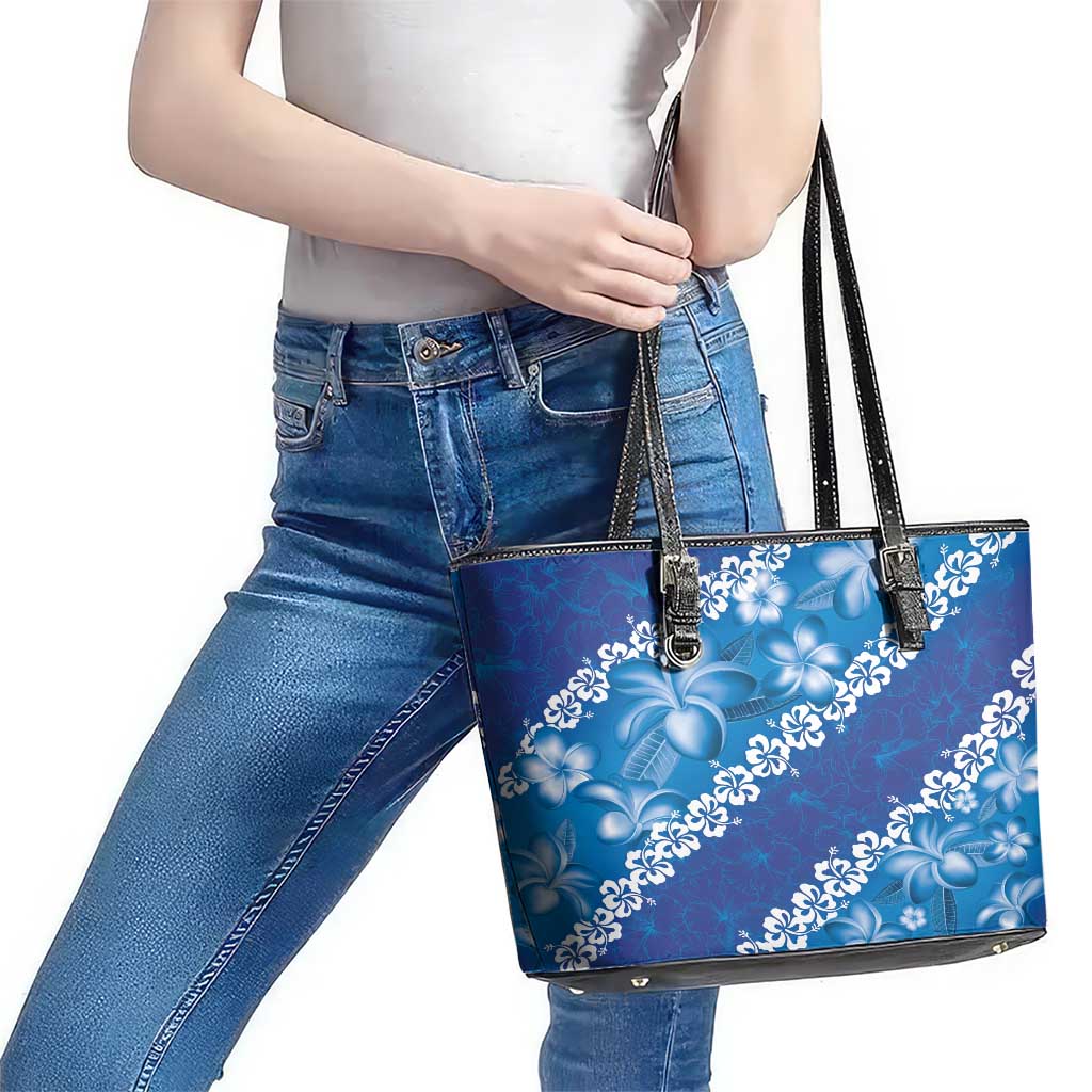 Vintage Blue Polynesia Leather Tote Bag Plumeria With Hibiscus Tropical Vibes LT14 - Polynesian Pride