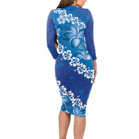 Vintage Blue Polynesia Long Sleeve Bodycon Dress Plumeria With Hibiscus Tropical Vibes