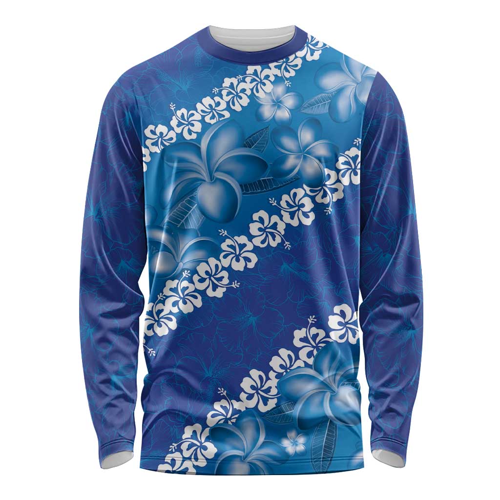 Vintage Blue Polynesia Long Sleeve Shirt Plumeria With Hibiscus Tropical Vibes