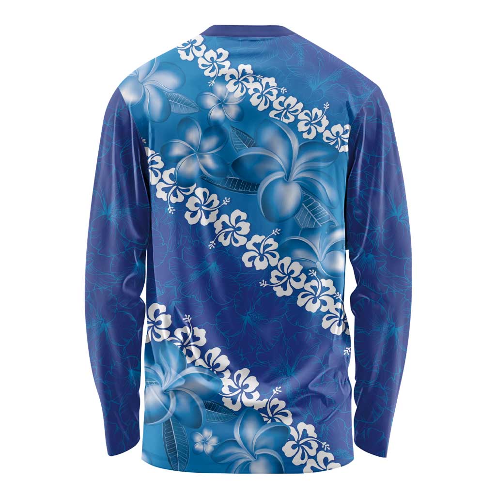 Vintage Blue Polynesia Long Sleeve Shirt Plumeria With Hibiscus Tropical Vibes