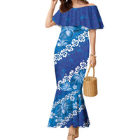Vintage Blue Polynesia Mermaid Dress Plumeria With Hibiscus Tropical Vibes