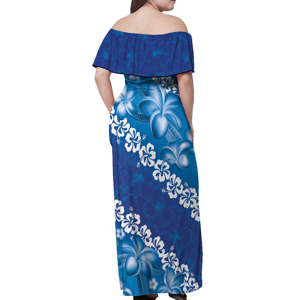 Vintage Blue Polynesia Off Shoulder Maxi Dress Plumeria With Hibiscus Tropical Vibes LT14 - Polynesian Pride