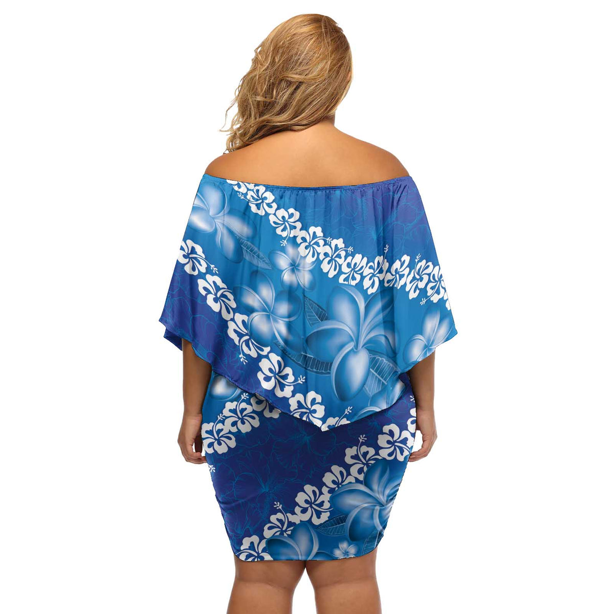 Vintage Blue Polynesia Off Shoulder Short Dress Plumeria With Hibiscus Tropical Vibes LT14 - Polynesian Pride