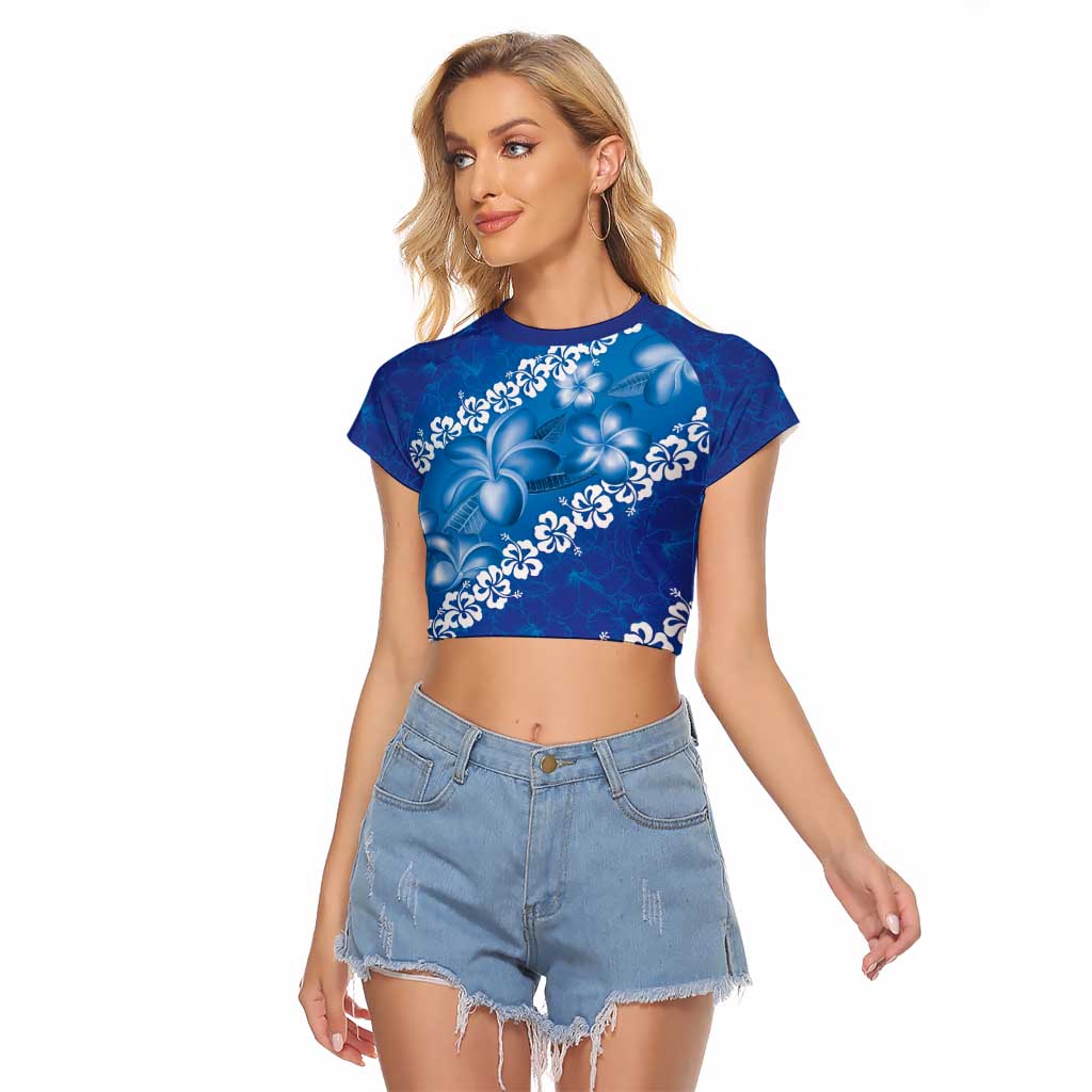 Vintage Blue Polynesia Raglan Cropped T Shirt Plumeria With Hibiscus Tropical Vibes