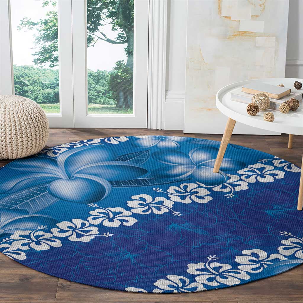 Vintage Blue Polynesia Round Carpet Plumeria With Hibiscus Tropical Vibes