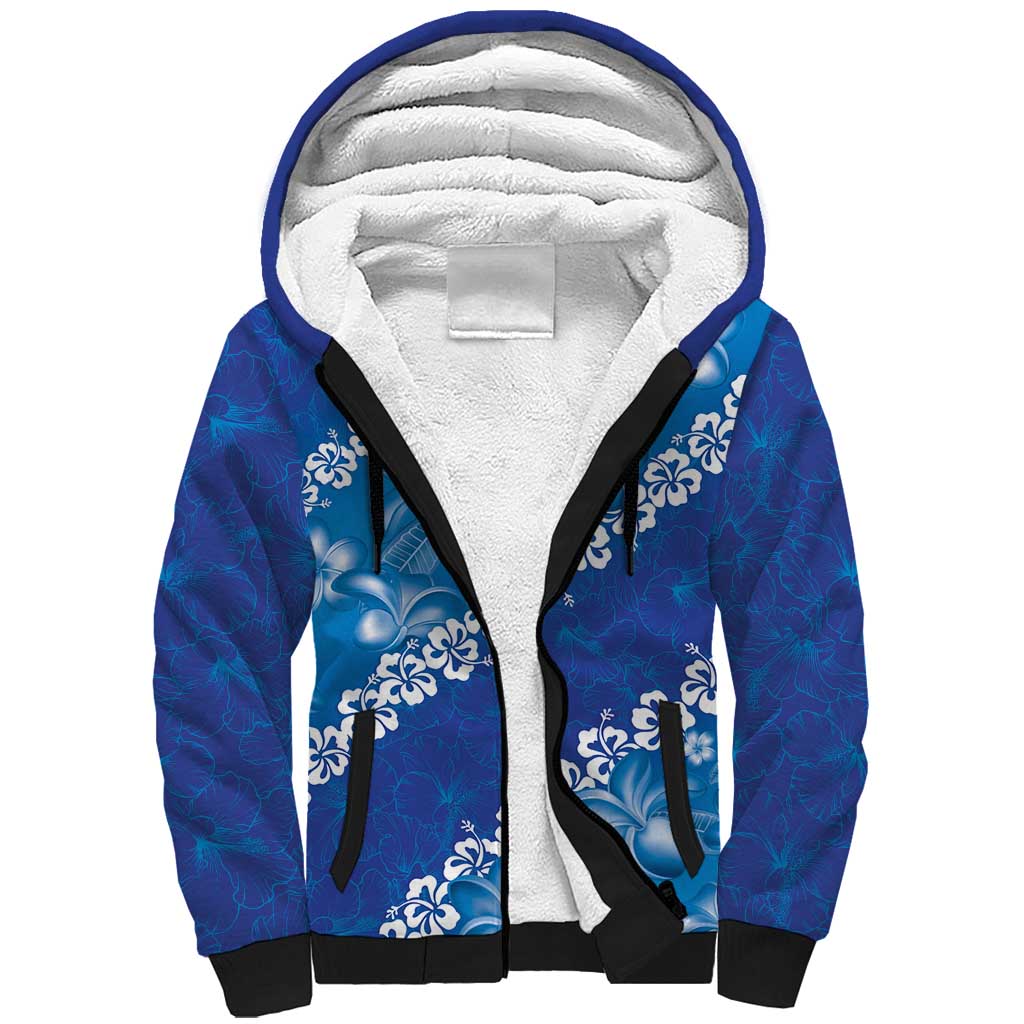 Vintage Blue Polynesia Sherpa Hoodie Plumeria With Hibiscus Tropical Vibes LT14 Unisex Blue - Polynesian Pride