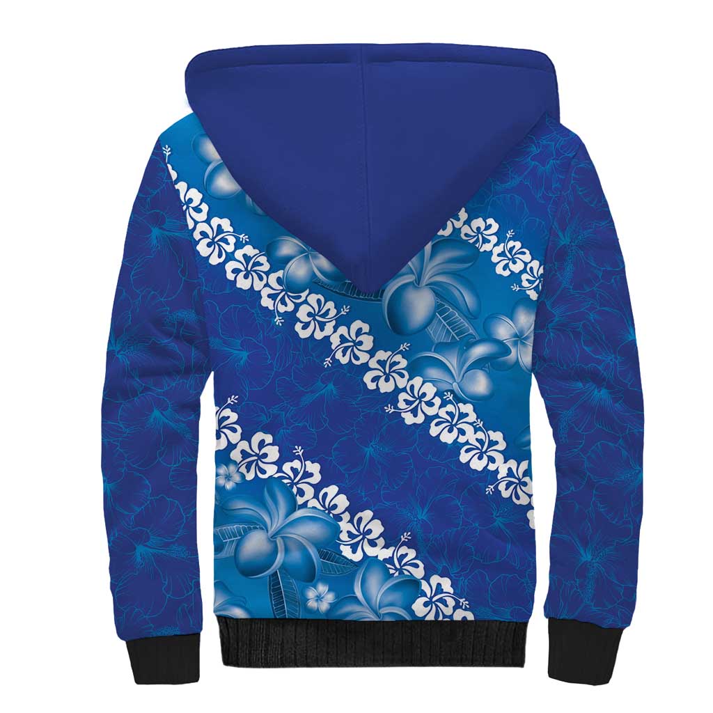 Vintage Blue Polynesia Sherpa Hoodie Plumeria With Hibiscus Tropical Vibes LT14 - Polynesian Pride