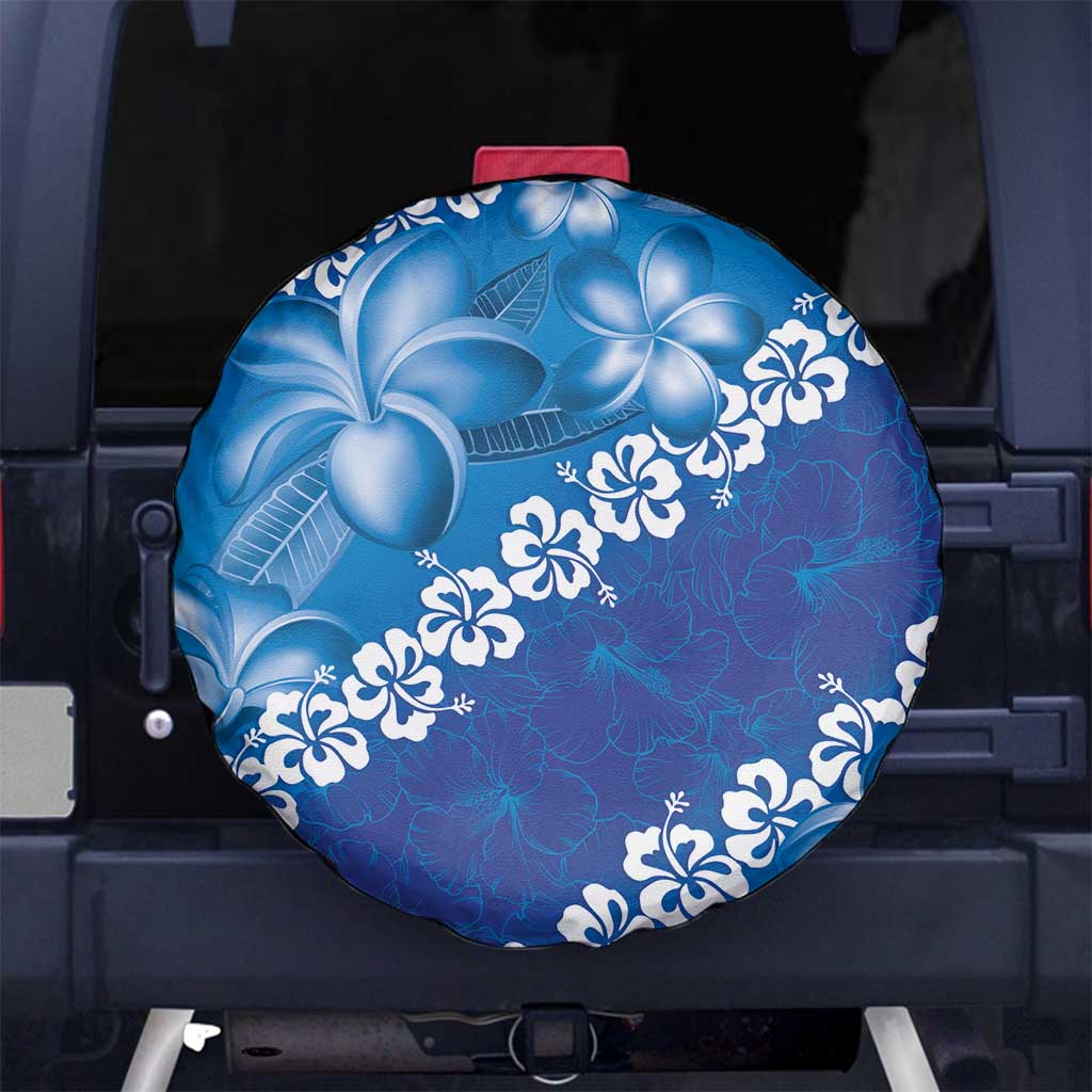 Vintage Blue Polynesia Spare Tire Cover Plumeria With Hibiscus Tropical Vibes LT14 - Polynesian Pride