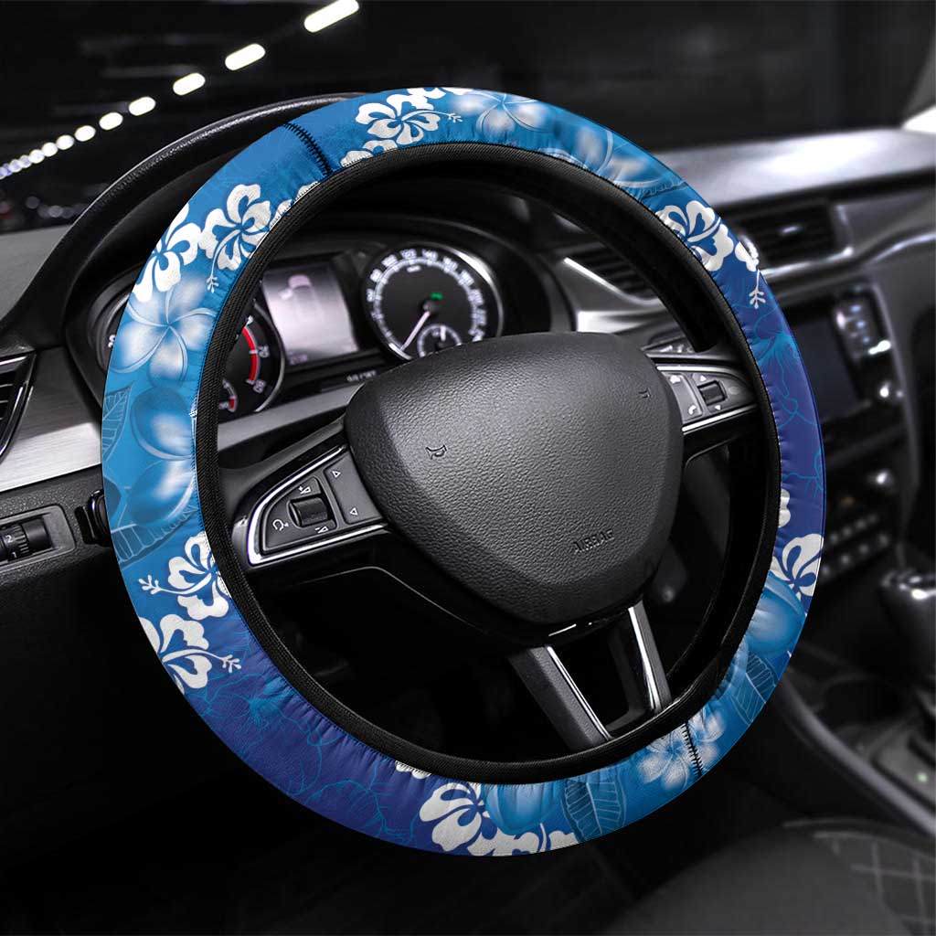 Vintage Blue Polynesia Steering Wheel Cover Plumeria With Hibiscus Tropical Vibes LT14 Universal Fit Blue - Polynesian Pride