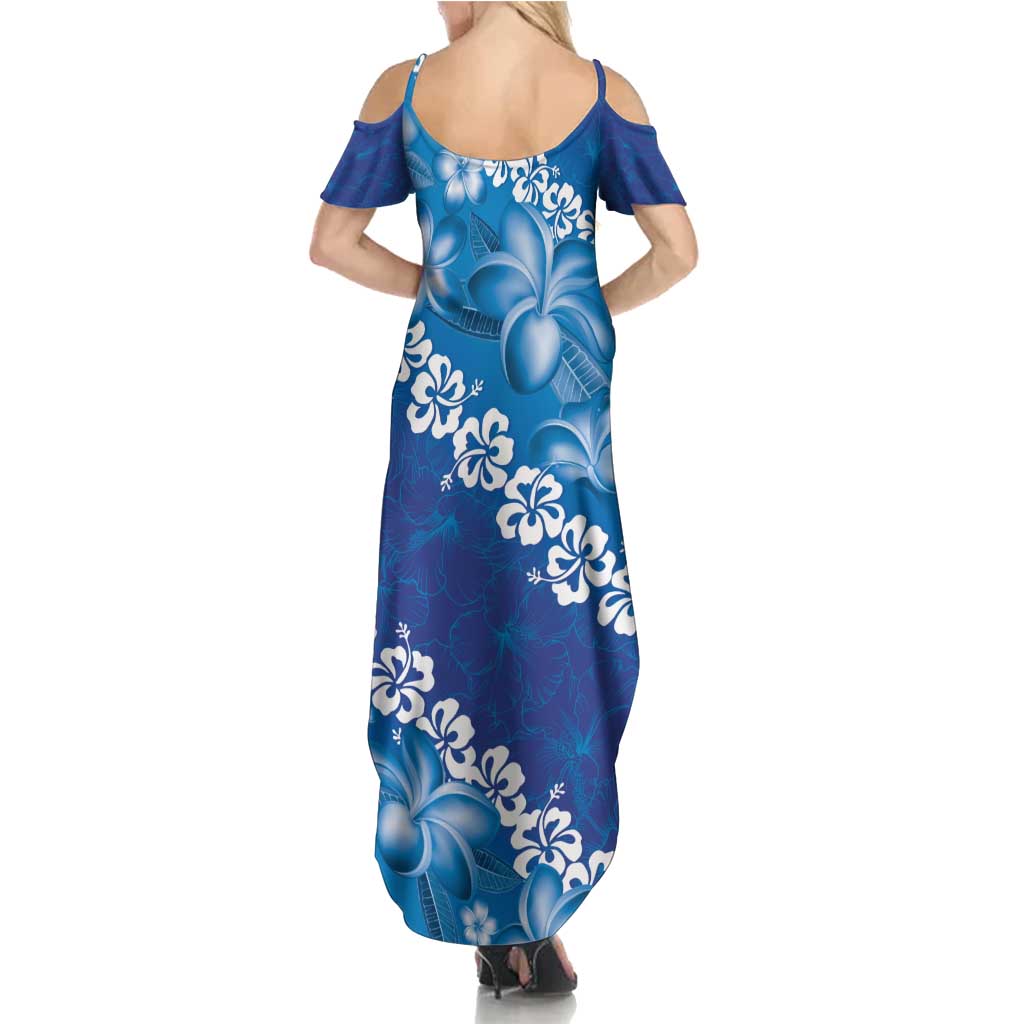 Vintage Blue Polynesia Summer Maxi Dress Plumeria With Hibiscus Tropical Vibes