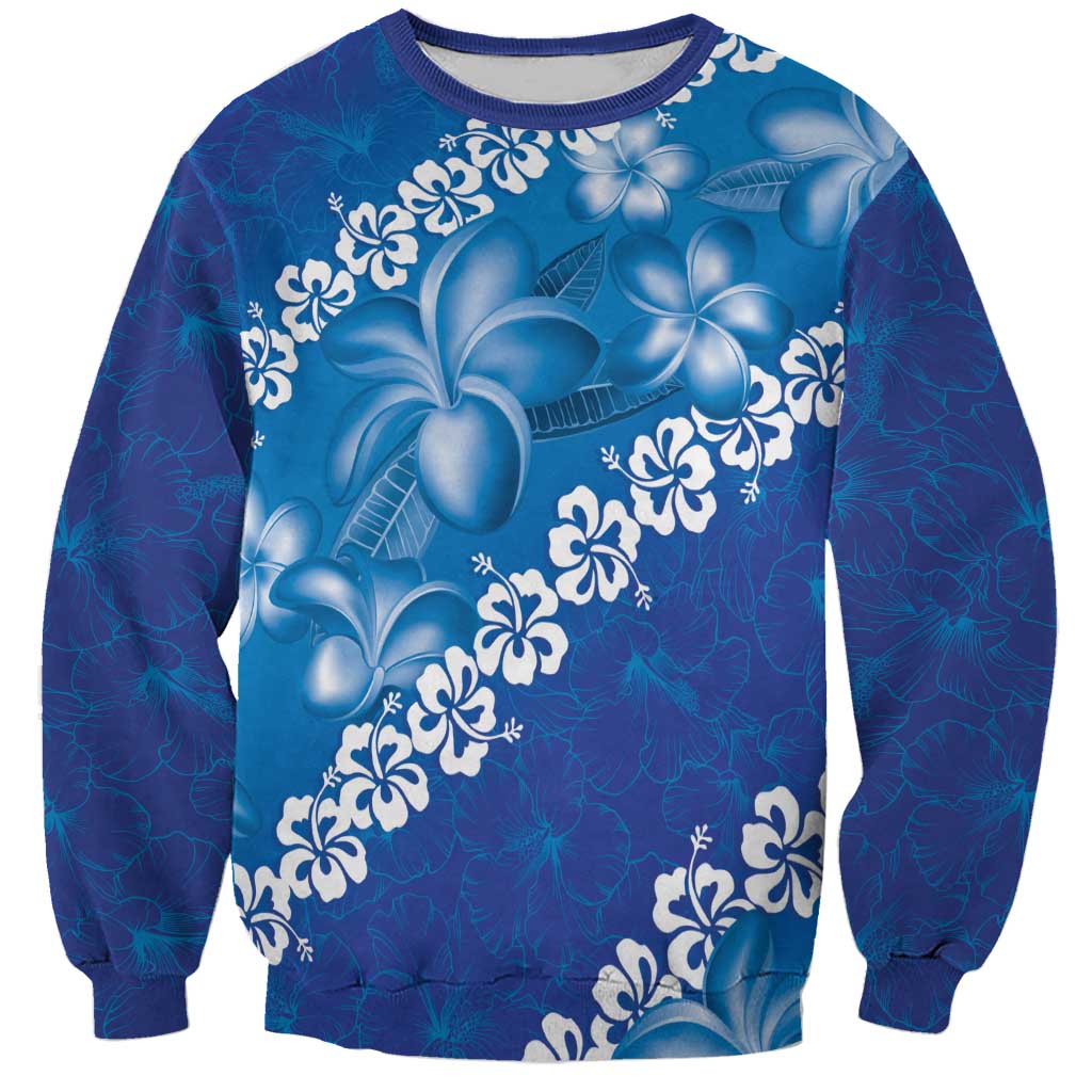 Vintage Blue Polynesia Sweatshirt Plumeria With Hibiscus Tropical Vibes LT14 Unisex Blue - Polynesian Pride