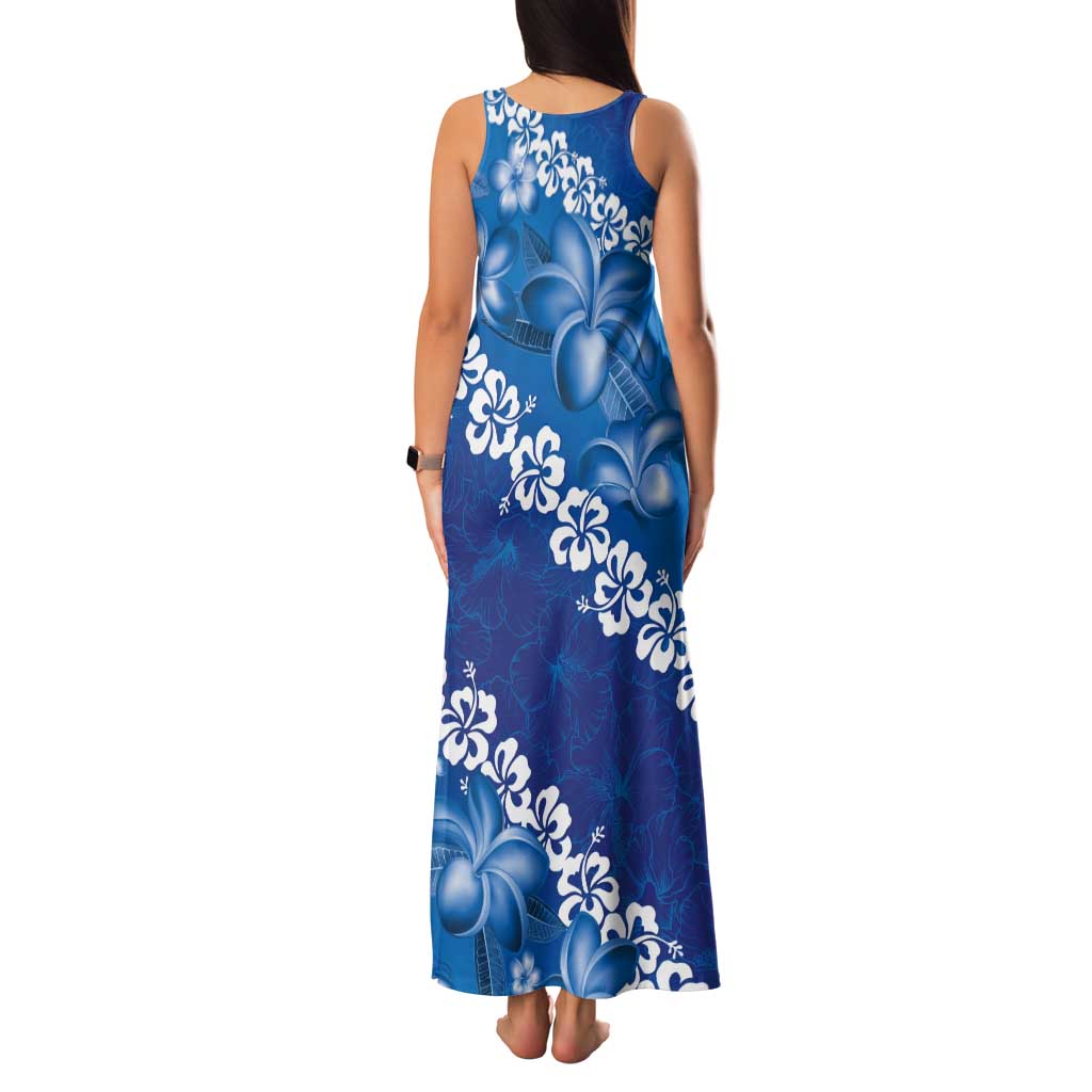 Vintage Blue Polynesia Tank Maxi Dress Plumeria With Hibiscus Tropical Vibes LT14 - Polynesian Pride