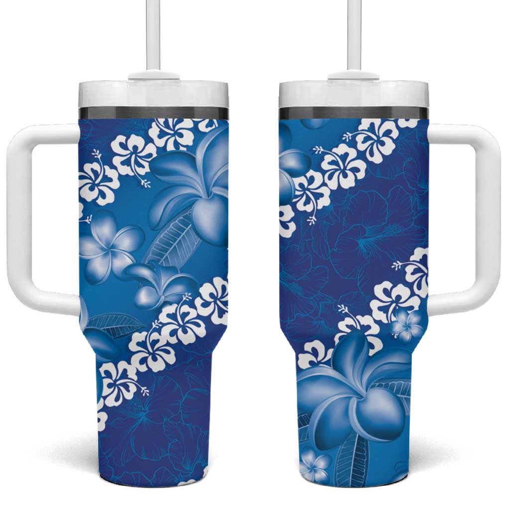 Vintage Blue Polynesia Tumbler With Handle Plumeria With Hibiscus Tropical Vibes LT14 One Size: 40 oz Blue - Polynesian Pride