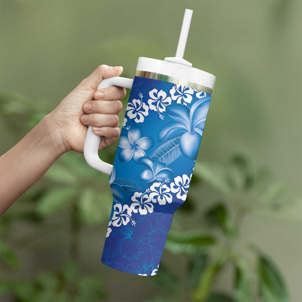 Vintage Blue Polynesia Tumbler With Handle Plumeria With Hibiscus Tropical Vibes LT14 - Polynesian Pride