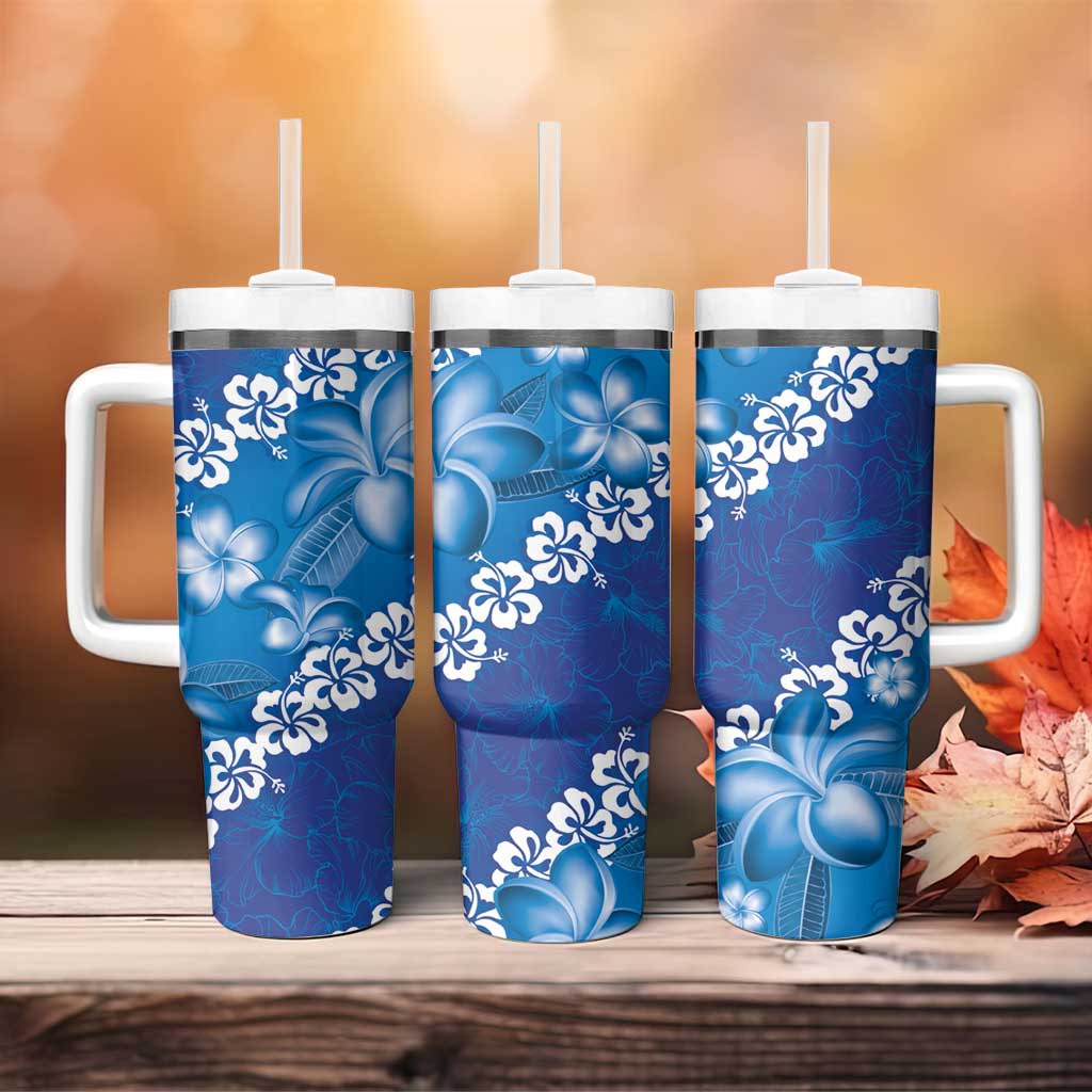 Vintage Blue Polynesia Tumbler With Handle Plumeria With Hibiscus Tropical Vibes LT14 - Polynesian Pride