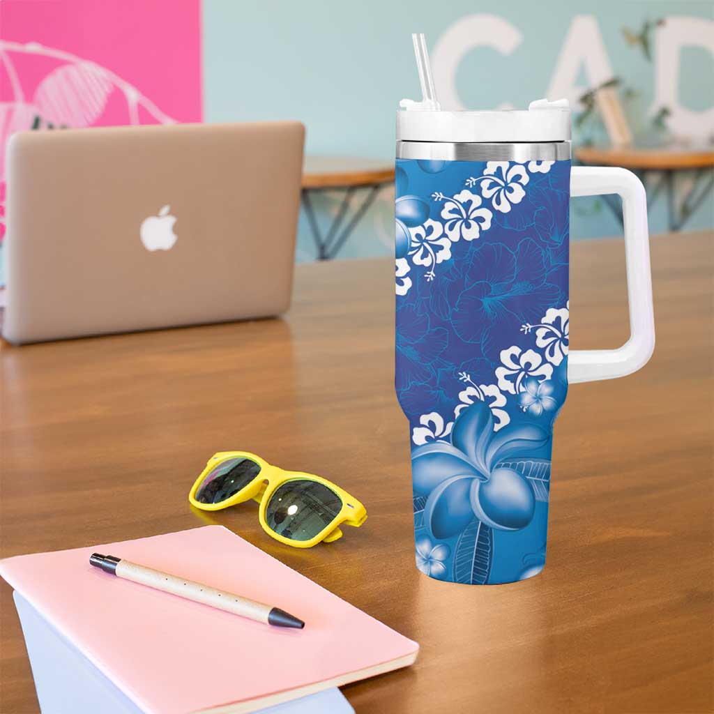 Vintage Blue Polynesia Tumbler With Handle Plumeria With Hibiscus Tropical Vibes LT14 - Polynesian Pride
