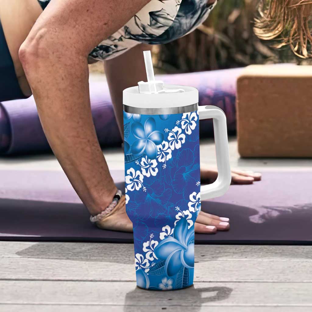 Vintage Blue Polynesia Tumbler With Handle Plumeria With Hibiscus Tropical Vibes LT14 - Polynesian Pride