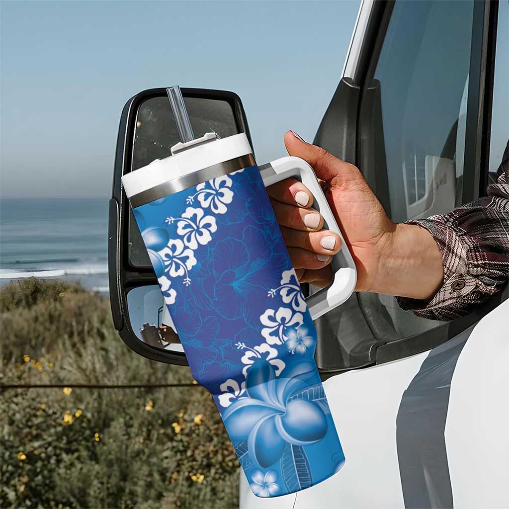 Vintage Blue Polynesia Tumbler With Handle Plumeria With Hibiscus Tropical Vibes LT14 - Polynesian Pride
