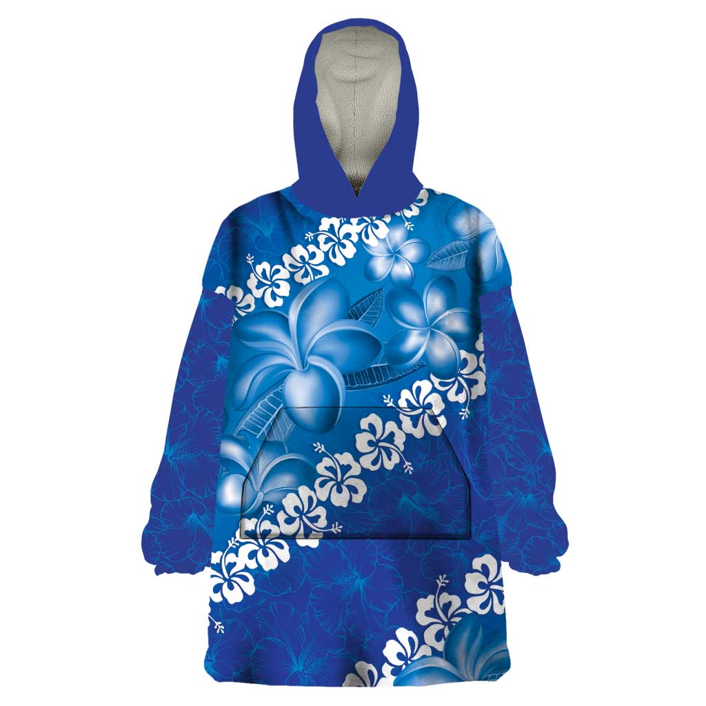 Vintage Blue Polynesia Wearable Blanket Hoodie Plumeria With Hibiscus Tropical Vibes LT14 One Size Blue - Polynesian Pride