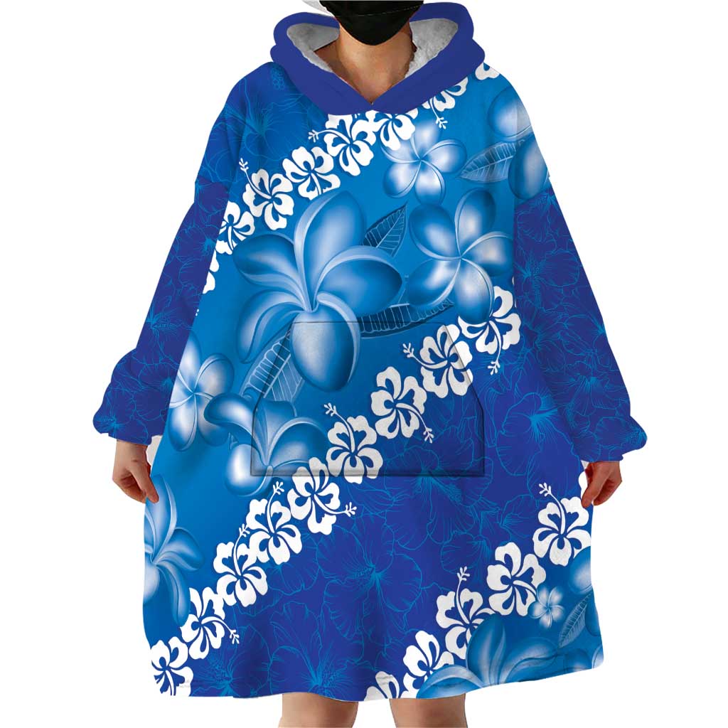 Vintage Blue Polynesia Wearable Blanket Hoodie Plumeria With Hibiscus Tropical Vibes LT14 - Polynesian Pride