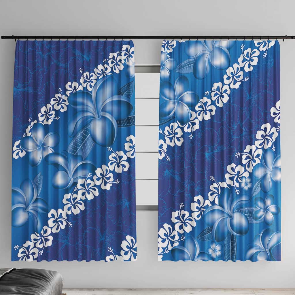 Vintage Blue Polynesia Window Curtain Plumeria With Hibiscus Tropical Vibes